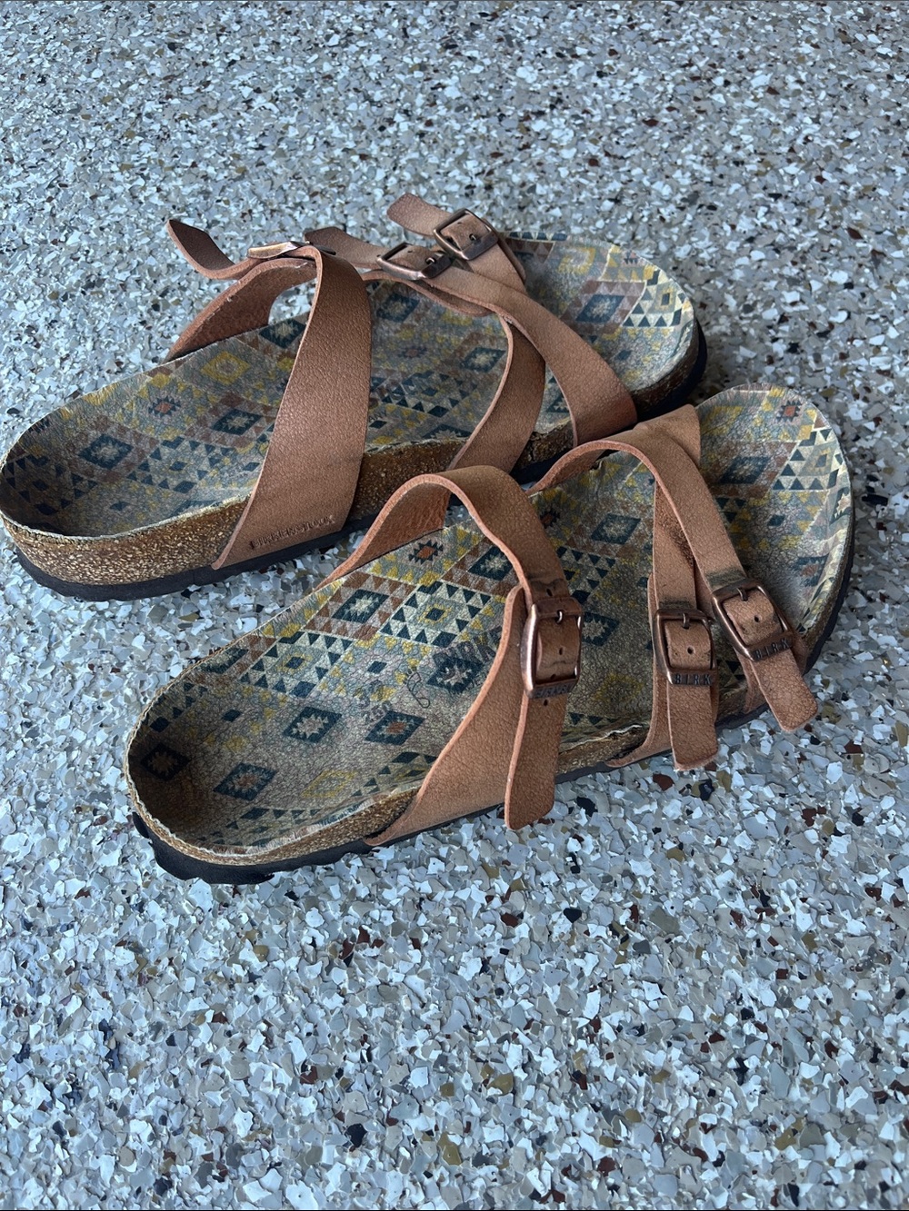 Birkenstock Brown Leather Strappy Sandals with Patterned Footbed - Picture 2 of 8